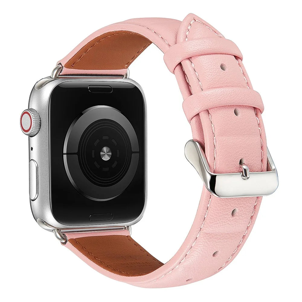 For Apple Watch Ultra 3 2 1 49mm / Series 11 10 46mm / 9 8 7 45mm / SE3 SE2 SE 6 5 4 44mm / 3 2 1 42mm Square Imprinted Texture Genuine Leather Smartwatch Replacement Strap - Pink - 1