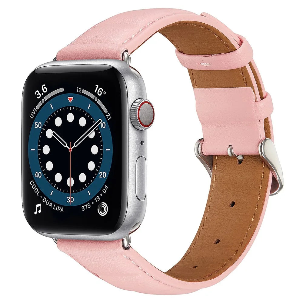 For Apple Watch Ultra 3 2 1 49mm / Series 11 10 46mm / 9 8 7 45mm / SE3 SE2 SE 6 5 4 44mm / 3 2 1 42mm Square Imprinted Texture Genuine Leather Smartwatch Replacement Strap - Pink - 2