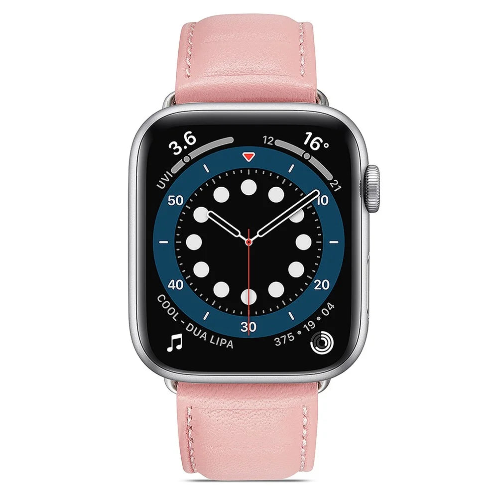 For Apple Watch Ultra 3 2 1 49mm / Series 11 10 46mm / 9 8 7 45mm / SE3 SE2 SE 6 5 4 44mm / 3 2 1 42mm Square Imprinted Texture Genuine Leather Smartwatch Replacement Strap - Pink - 4