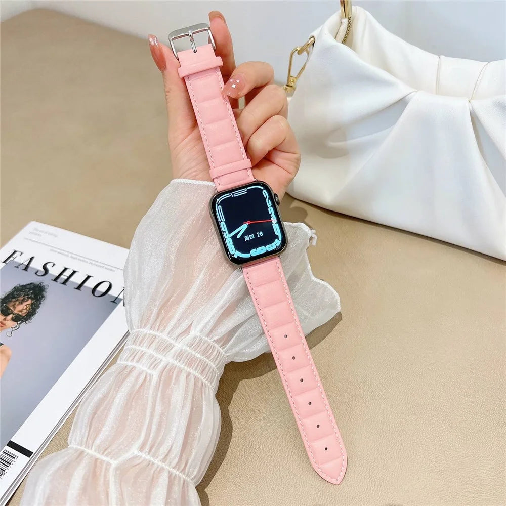 For Apple Watch Ultra 3 2 1 49mm / Series 11 10 46mm / 9 8 7 45mm / SE3 SE2 SE 6 5 4 44mm / 3 2 1 42mm Square Imprinted Texture Genuine Leather Smartwatch Replacement Strap - Pink - 7