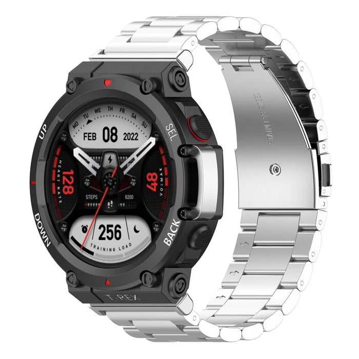 For Huami Amazfit T-Rex 2 Bands Stainless Steel Three Beads Watch Strap Replacement with Tool - Silver - 2