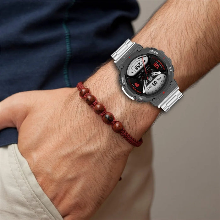 For Huami Amazfit T-Rex 2 Bands Stainless Steel Three Beads Watch Strap Replacement with Tool - Silver - 7