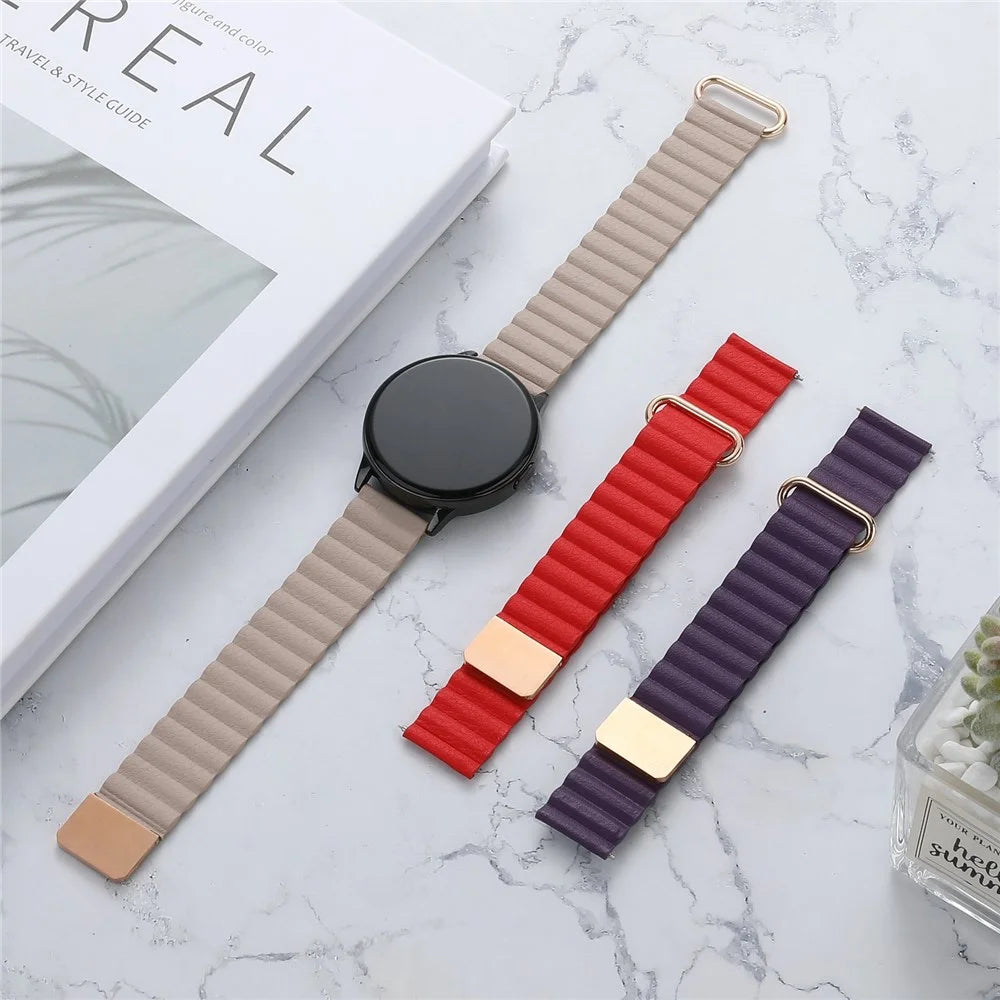 For Samsung Galaxy Watch6 40mm 44mm / Watch6 Classic 43mm 47mm / Watch 5 40mm 44mm / 5 Pro 45mm / Watch4 40mm 44mm 20mm Watch Band Genuine Leather Magnetic Strap - Rose Gold / Khaki - 4