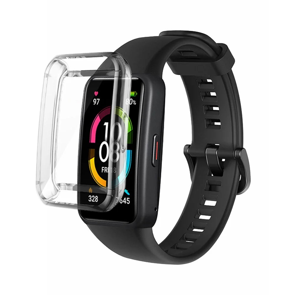 For Huawei Band 6 Soft Silicone Sports Wristband with Transparent TPU Case Full Around Bumper Frame Cover - Black - 1