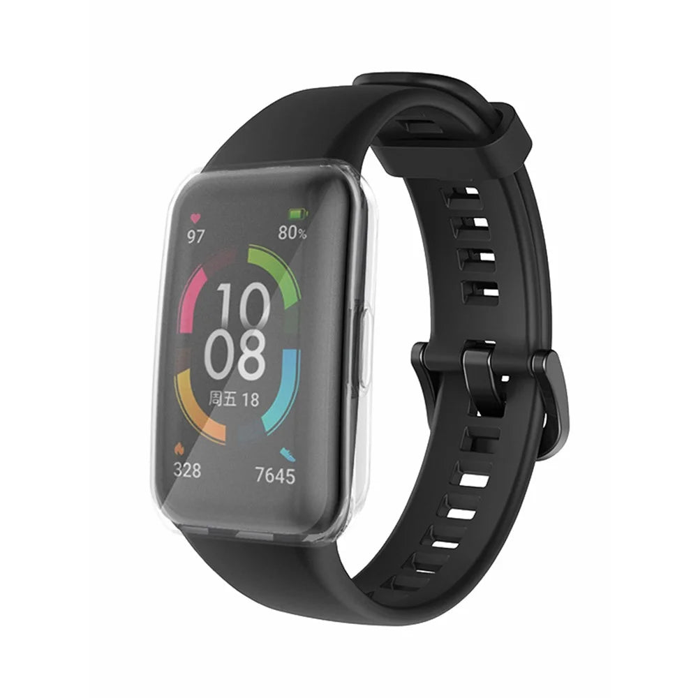 For Huawei Band 6 Soft Silicone Sports Wristband with Transparent TPU Case Full Around Bumper Frame Cover - Black - 2