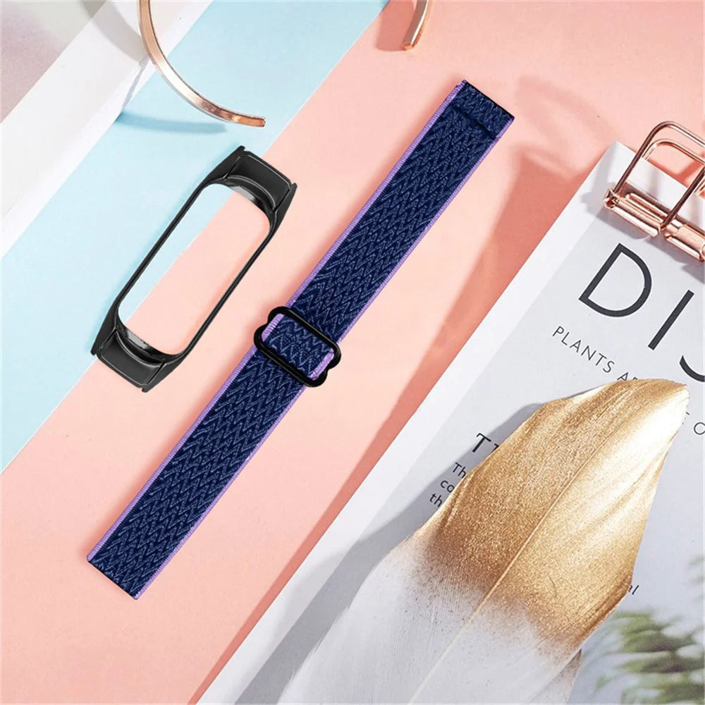 For Xiaomi Mi Band 7 Stretchy Nylon Solo Loop Band Adjustable Braided Sport Elastics Strap with Black Watch Frame - Purple Blue - 4