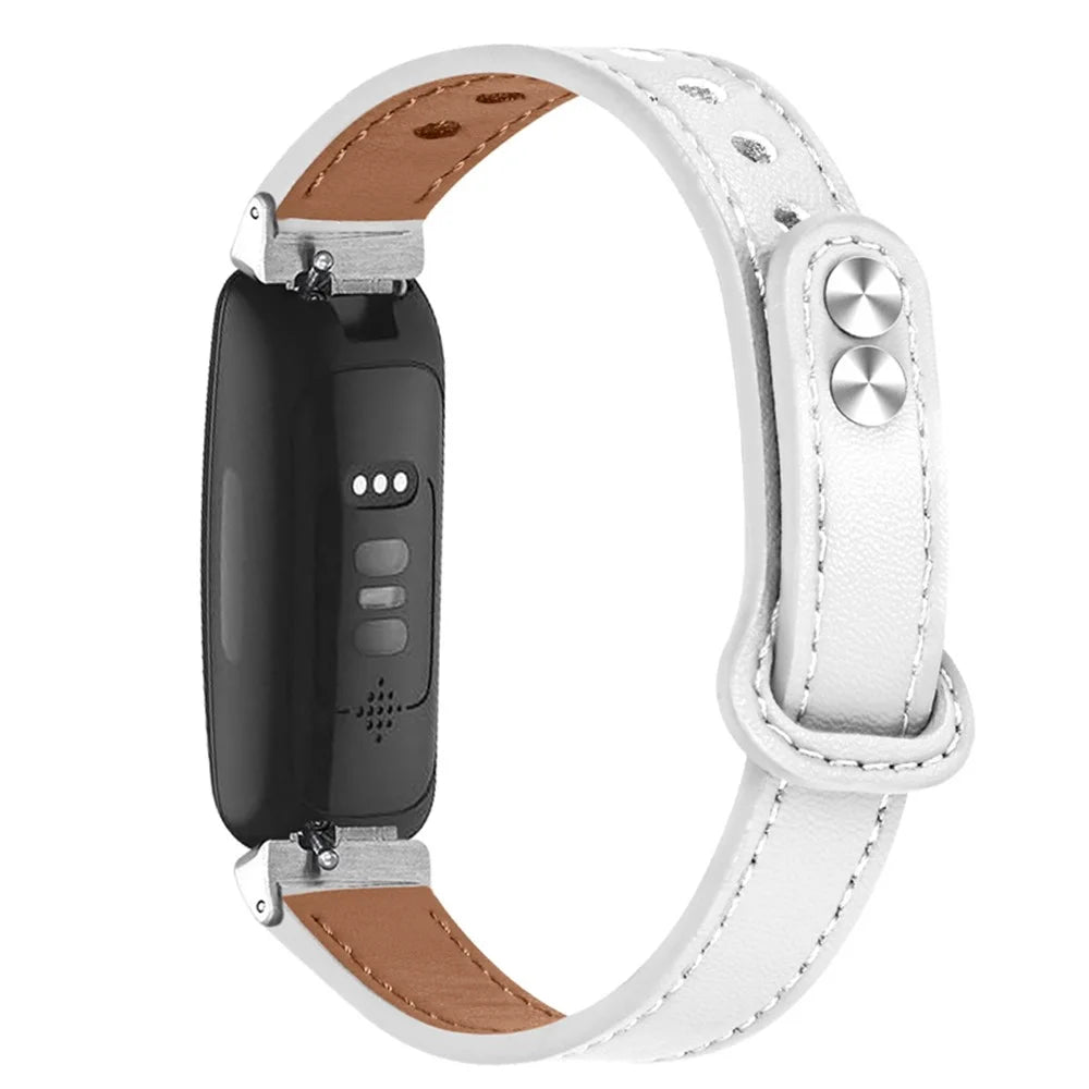 For Fitbit Inspire / Inspire HR / Inspire 2 / Ace 2 Genuine Cowhide Leather Watch Band Strap with Double Snap Button, Silver Connector - White - 2