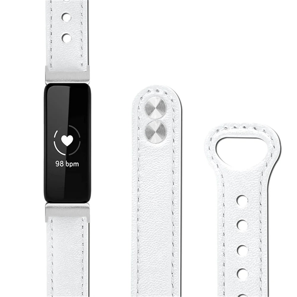 For Fitbit Inspire / Inspire HR / Inspire 2 / Ace 2 Genuine Cowhide Leather Watch Band Strap with Double Snap Button, Silver Connector - White - 3