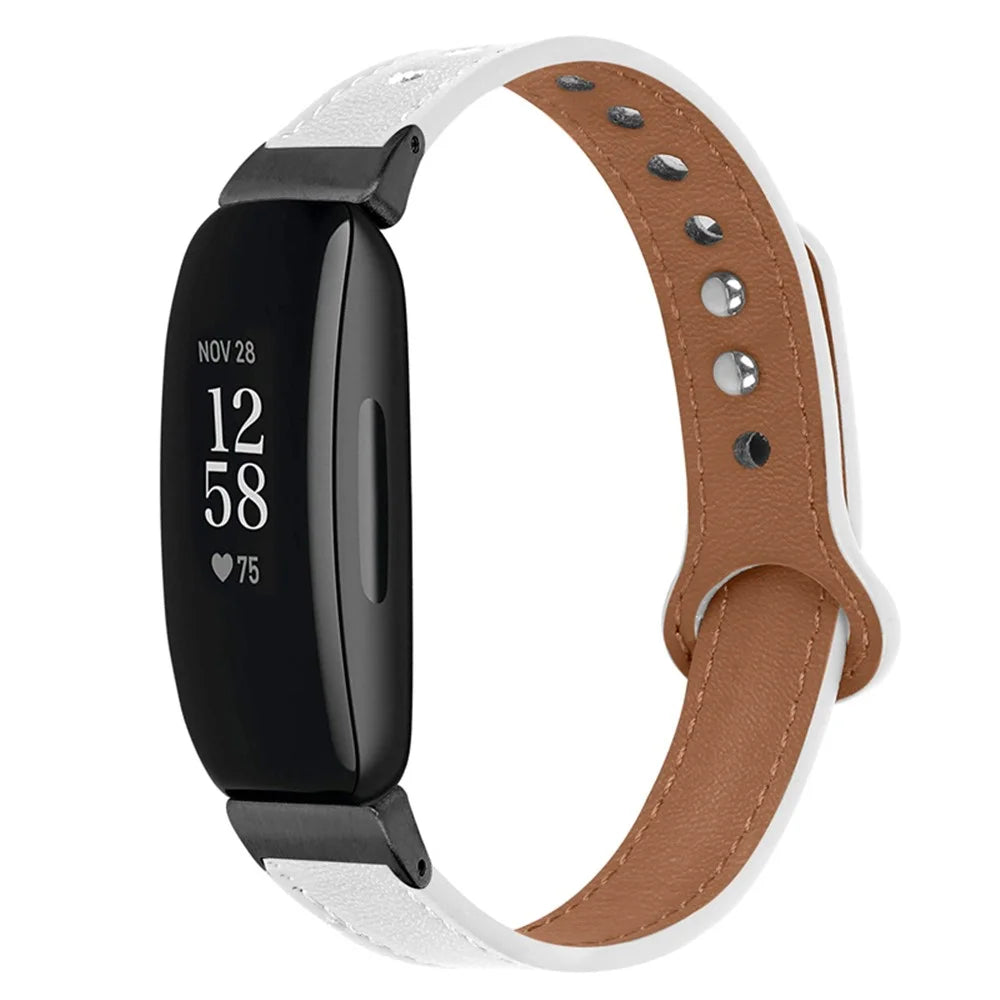For Fitbit Inspire / Inspire HR / Inspire 2 / Ace 2 Genuine Cowhide Leather Watch Band Double Snap Button Wrist Strap Replacement, Black Connector - White - 1