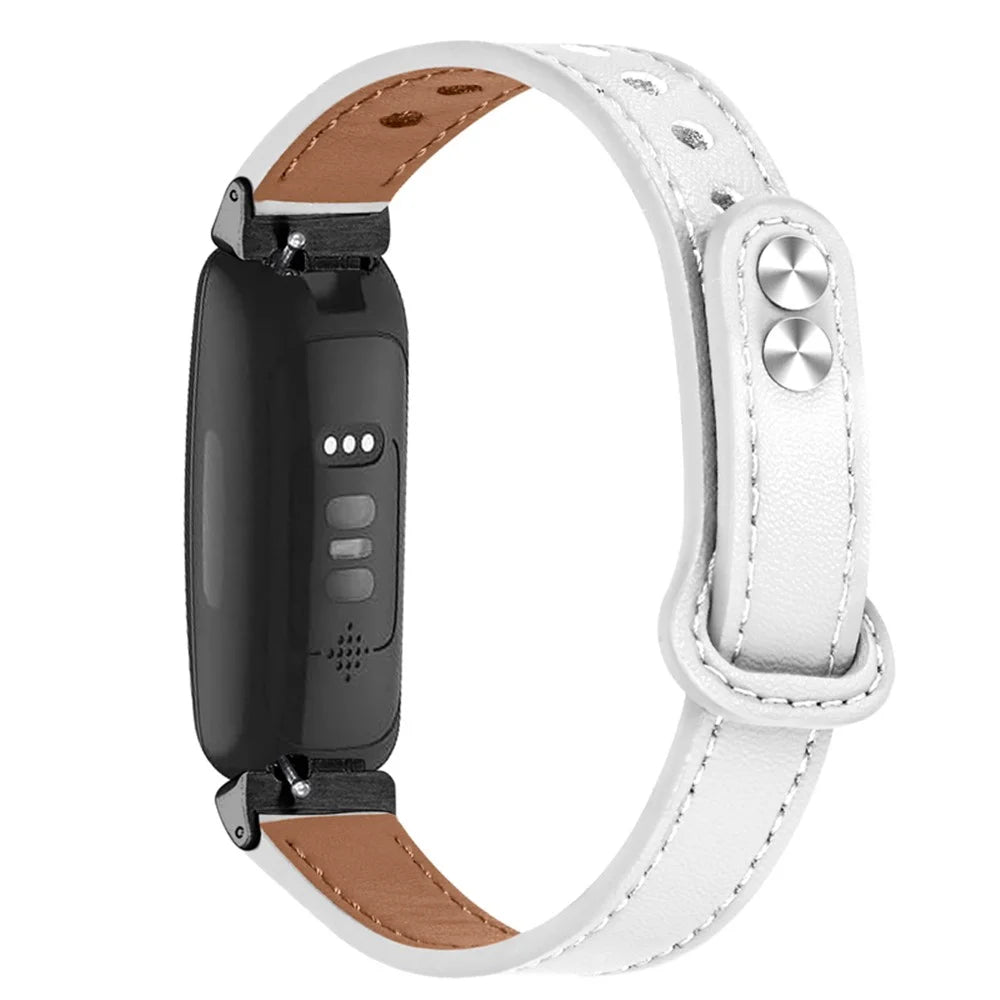 For Fitbit Inspire / Inspire HR / Inspire 2 / Ace 2 Genuine Cowhide Leather Watch Band Double Snap Button Wrist Strap Replacement, Black Connector - White - 2