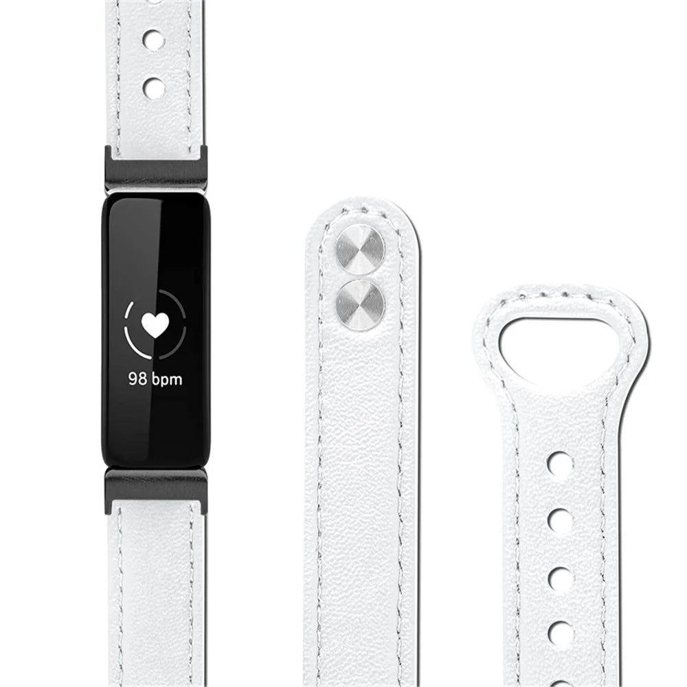 For Fitbit Inspire / Inspire HR / Inspire 2 / Ace 2 Genuine Cowhide Leather Watch Band Double Snap Button Wrist Strap Replacement, Black Connector - White - 3