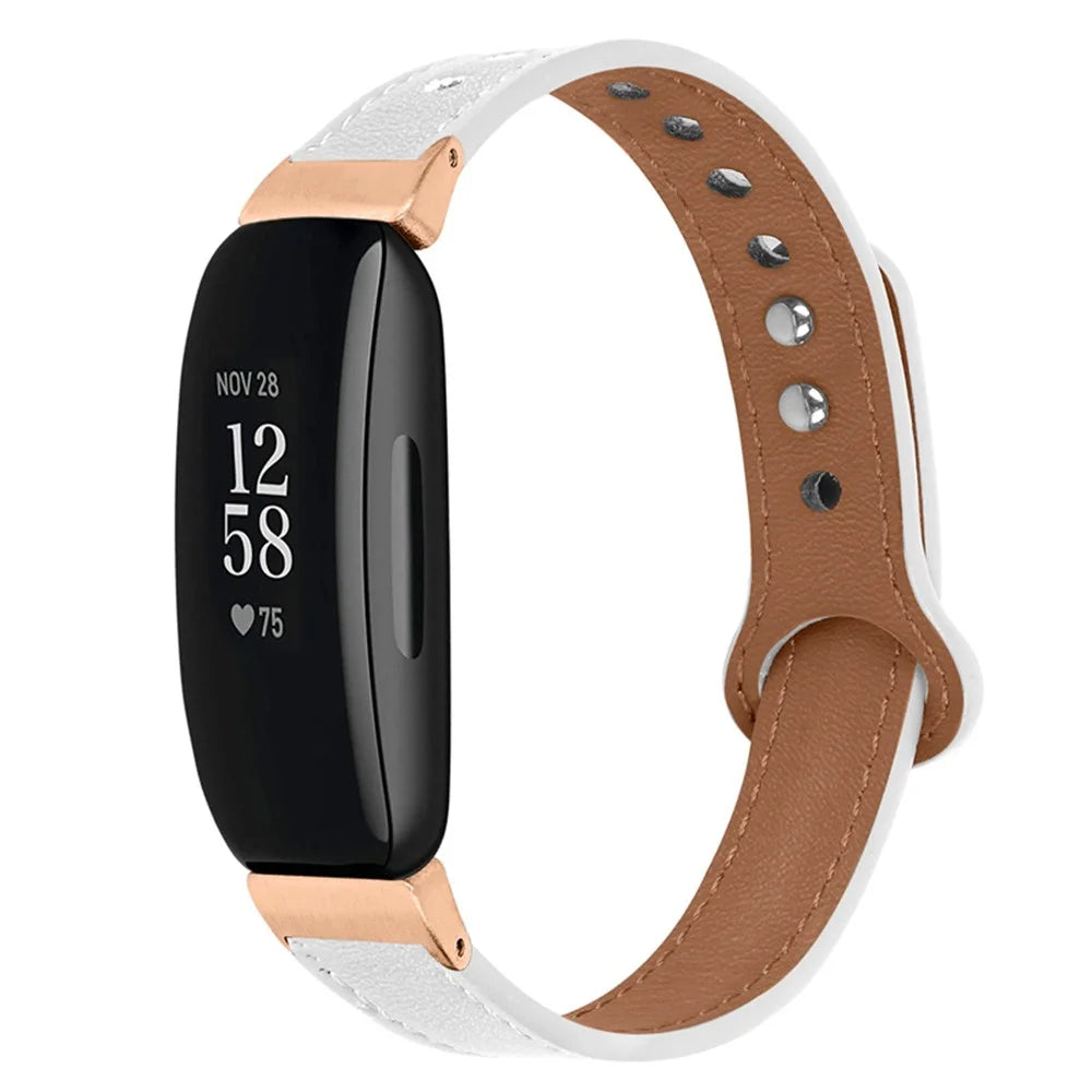 For Fitbit Inspire / Inspire HR / Inspire 2 / Ace 2 Double Snap Button Watch Strap Genuine Cowhide Leather Wrist Band, Rose Gold Connector - White - 1