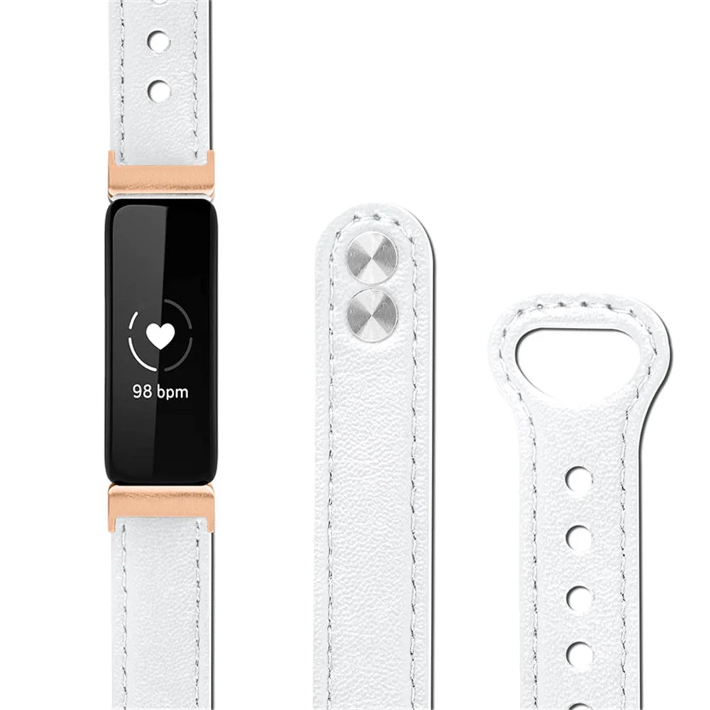 For Fitbit Inspire / Inspire HR / Inspire 2 / Ace 2 Double Snap Button Watch Strap Genuine Cowhide Leather Wrist Band, Rose Gold Connector - White - 4