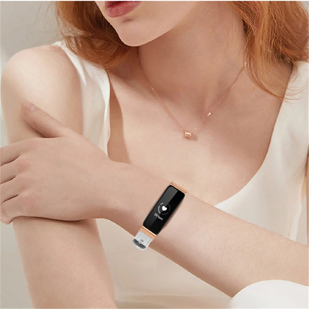 For Fitbit Inspire / Inspire HR / Inspire 2 / Ace 2 Double Snap Button Watch Strap Genuine Cowhide Leather Wrist Band, Rose Gold Connector - White - 6