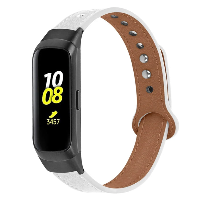 For Samsung Galaxy Fit SM-R370 Soft Top Layer Cowhide Watch Strap Double Rivet Design Wrist Band, Black Connector - White - 1