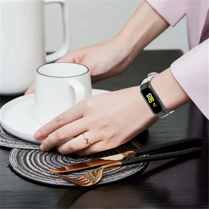 For Samsung Galaxy Fit SM-R370 Soft Top Layer Cowhide Watch Strap Double Rivet Design Wrist Band, Black Connector - White - 6