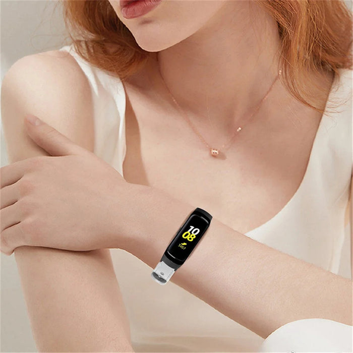 For Samsung Galaxy Fit SM-R370 Soft Top Layer Cowhide Watch Strap Double Rivet Design Wrist Band, Black Connector - White - 7