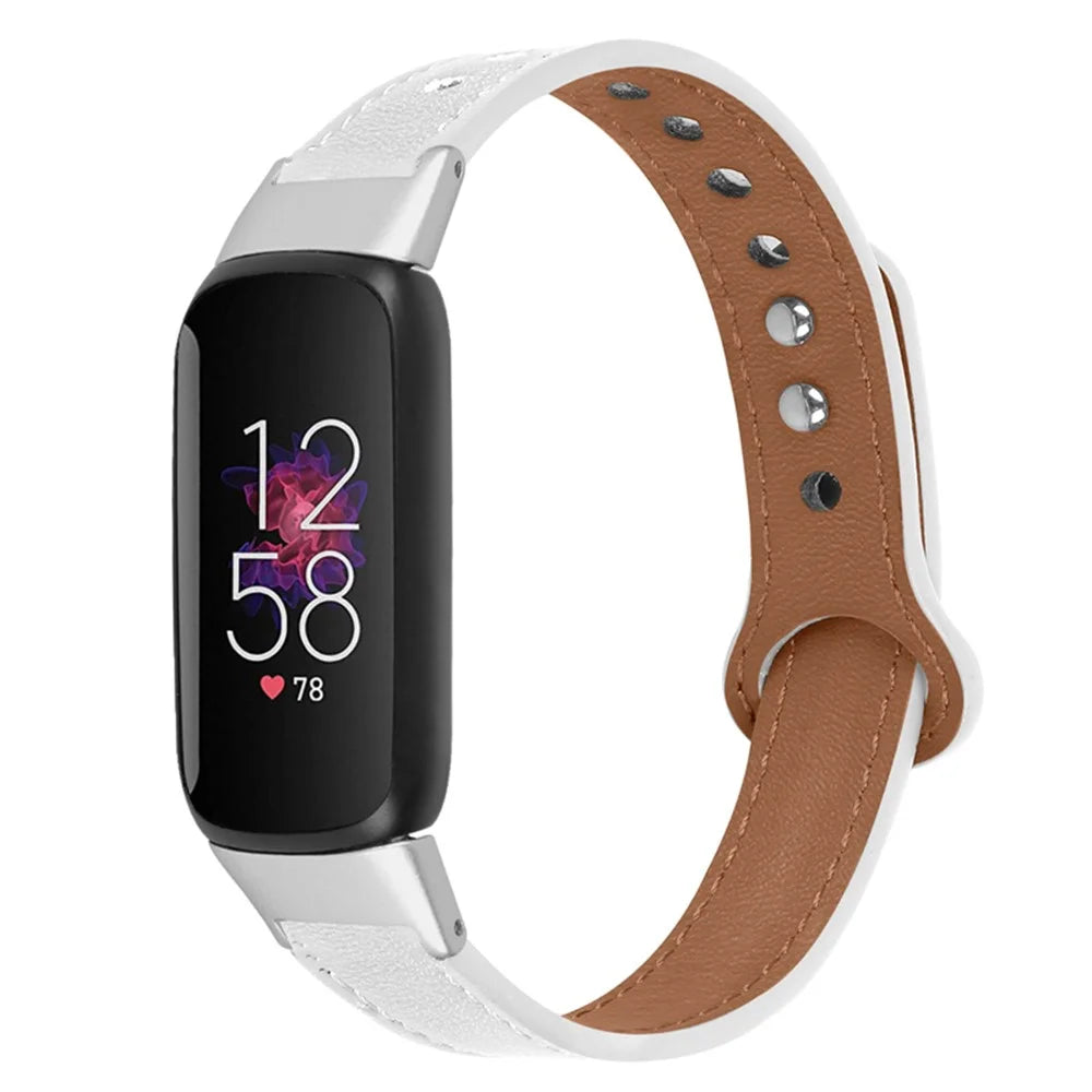 Replacement Wrist Band for Fitbit Luxe Smart Watch Adjustable Top Layer Cowhide Strap with Double Rivet, Silver Connector - White - 1