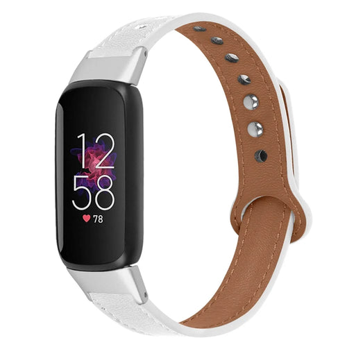 Replacement Wrist Band for Fitbit Luxe Smart Watch Adjustable Top Layer Cowhide Strap with Double Rivet, Silver Connector - White - 1