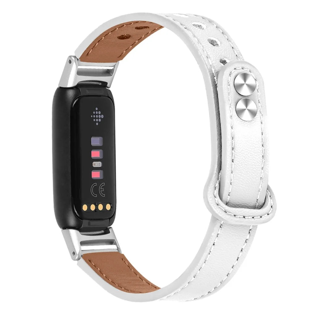 Replacement Wrist Band for Fitbit Luxe Smart Watch Adjustable Top Layer Cowhide Strap with Double Rivet, Silver Connector - White - 2