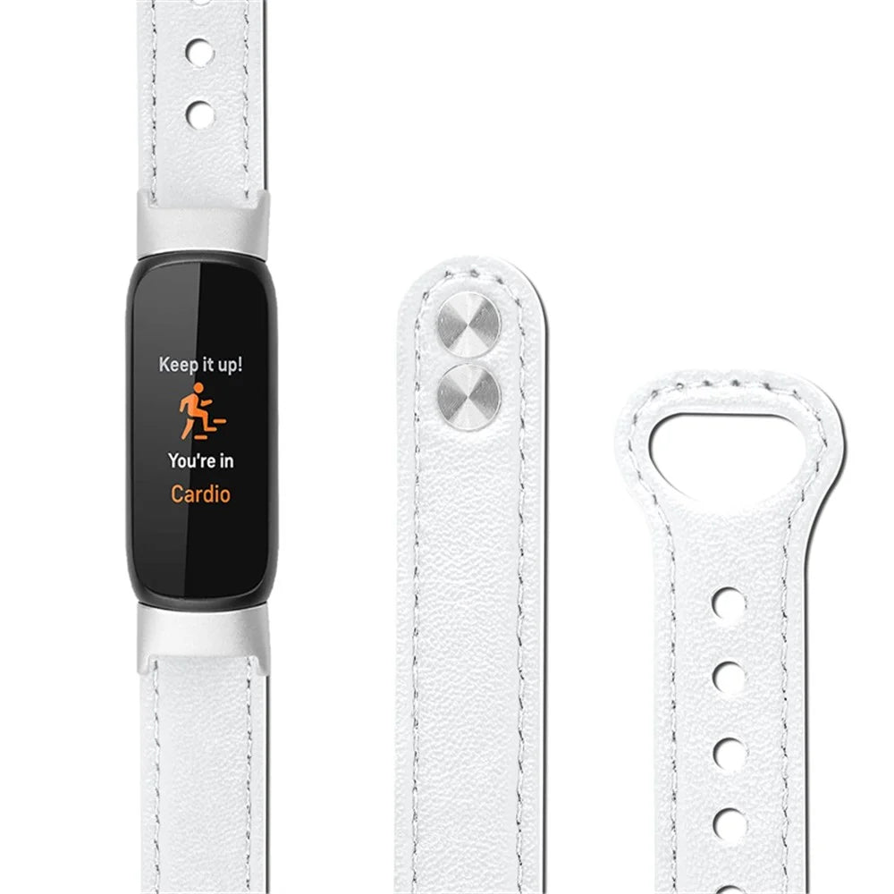 Replacement Wrist Band for Fitbit Luxe Smart Watch Adjustable Top Layer Cowhide Strap with Double Rivet, Silver Connector - White - 3