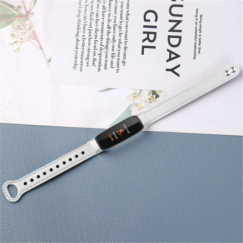 Replacement Wrist Band for Fitbit Luxe Smart Watch Adjustable Top Layer Cowhide Strap with Double Rivet, Silver Connector - White - 4