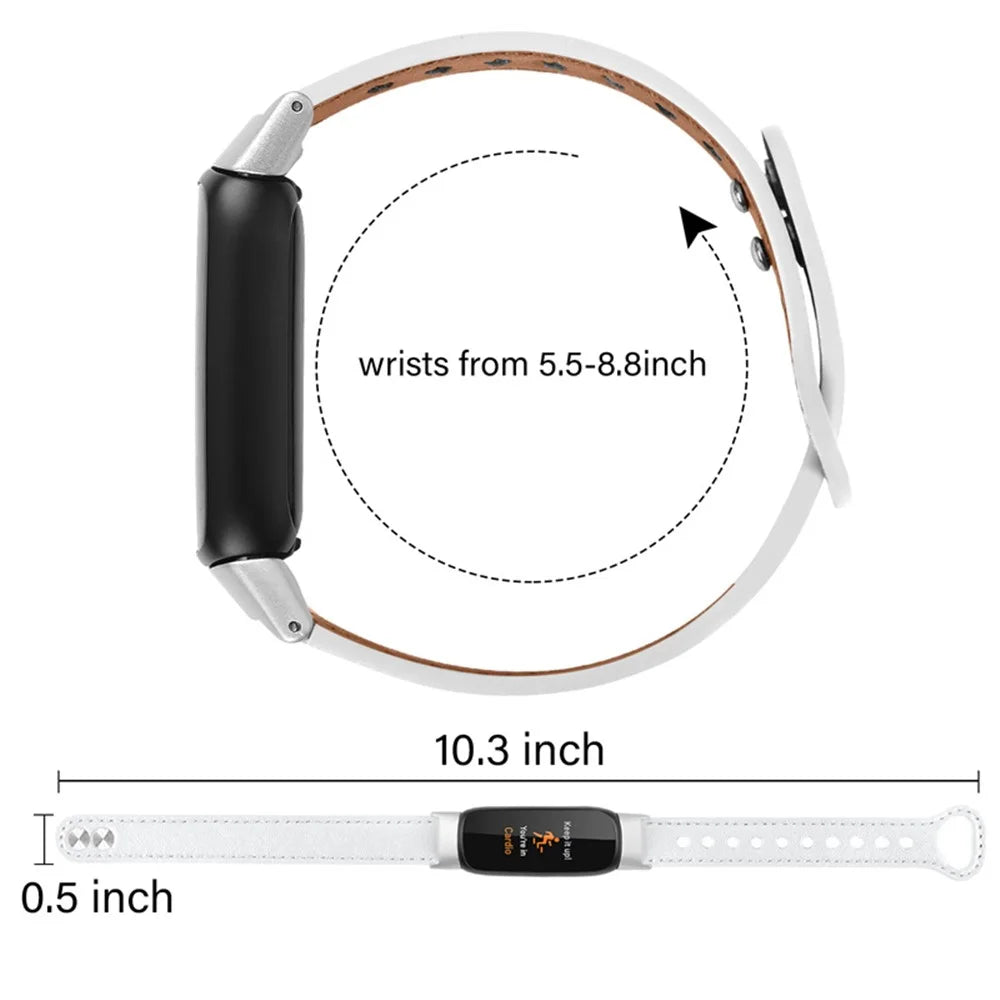 Replacement Wrist Band for Fitbit Luxe Smart Watch Adjustable Top Layer Cowhide Strap with Double Rivet, Silver Connector - White - 5