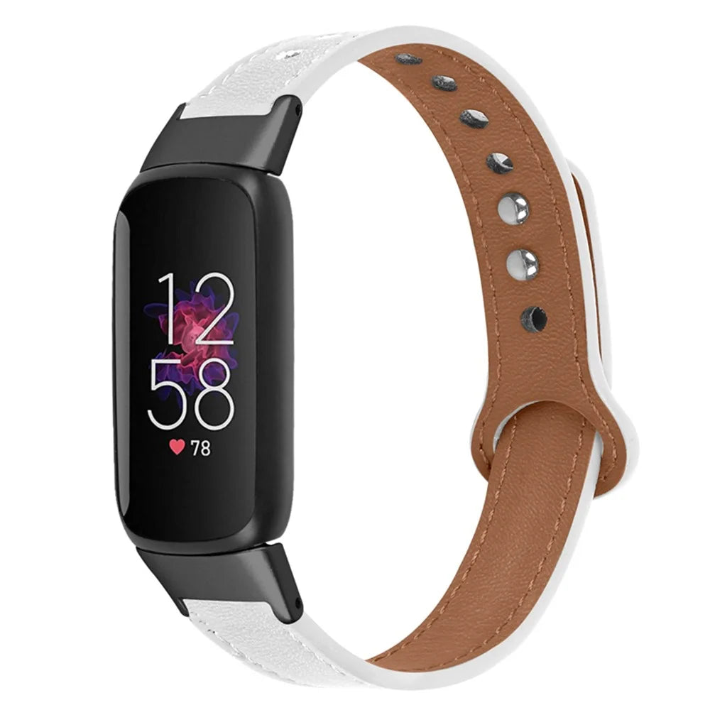 For Fitbit Luxe Soft Top Layer Cowhide Watch Strap Replacement Wrist Band with Double Rivet, Black Connector - White - 1
