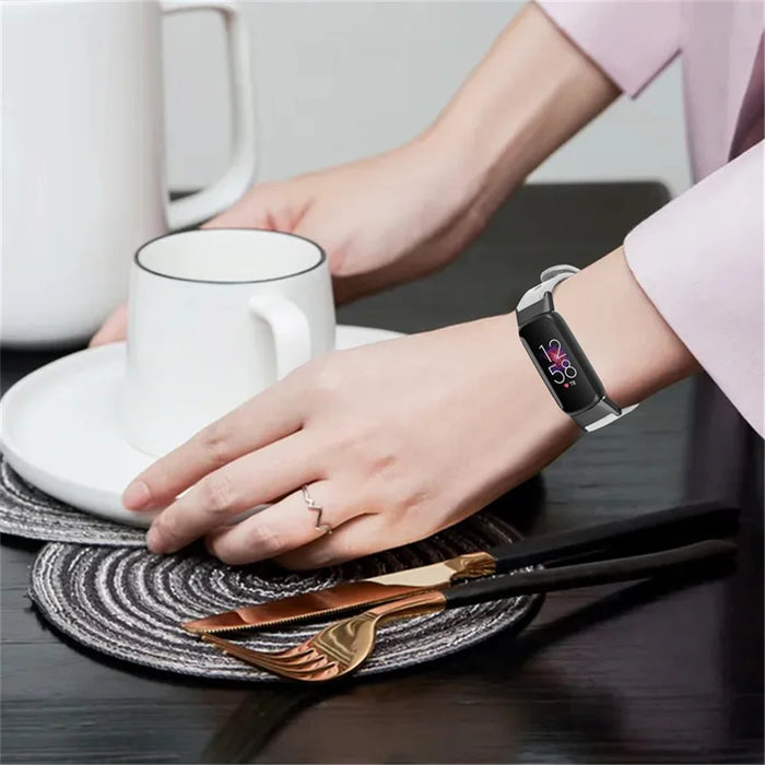 For Fitbit Luxe Soft Top Layer Cowhide Watch Strap Replacement Wrist Band with Double Rivet, Black Connector - White - 6