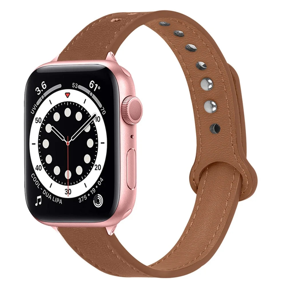 For Apple Watch Series 11 10 42mm / 9 8 7 41mm / SE3 SE2 SE 6 5 4 40mm / 3 2 1 38mm Genuine Leather Watch Strap Double Rivet Replacement Wrist Band, Rose Gold Connector - Brown - 1