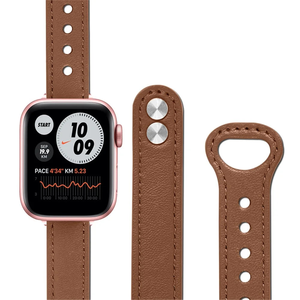 For Apple Watch Series 11 10 42mm / 9 8 7 41mm / SE3 SE2 SE 6 5 4 40mm / 3 2 1 38mm Genuine Leather Watch Strap Double Rivet Replacement Wrist Band, Rose Gold Connector - Brown - 3