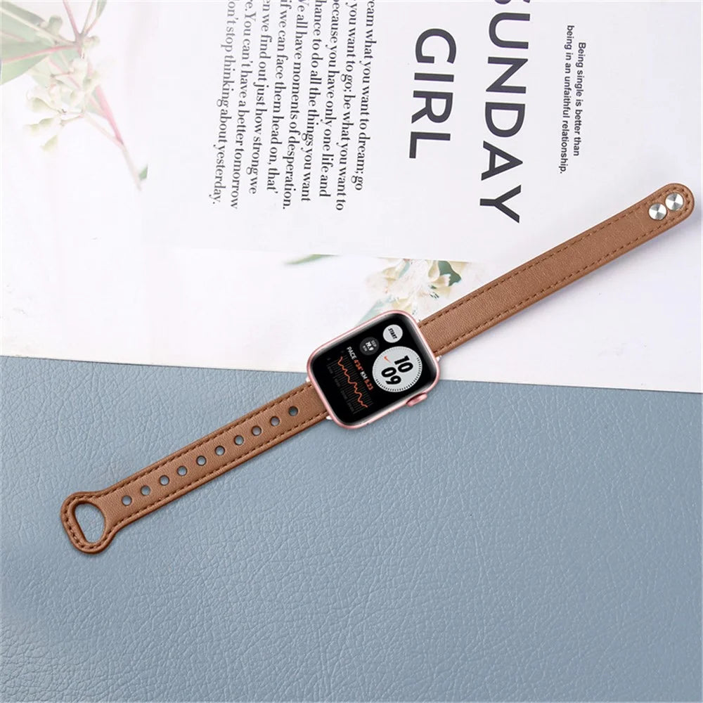 For Apple Watch Series 11 10 42mm / 9 8 7 41mm / SE3 SE2 SE 6 5 4 40mm / 3 2 1 38mm Genuine Leather Watch Strap Double Rivet Replacement Wrist Band, Rose Gold Connector - Brown - 4