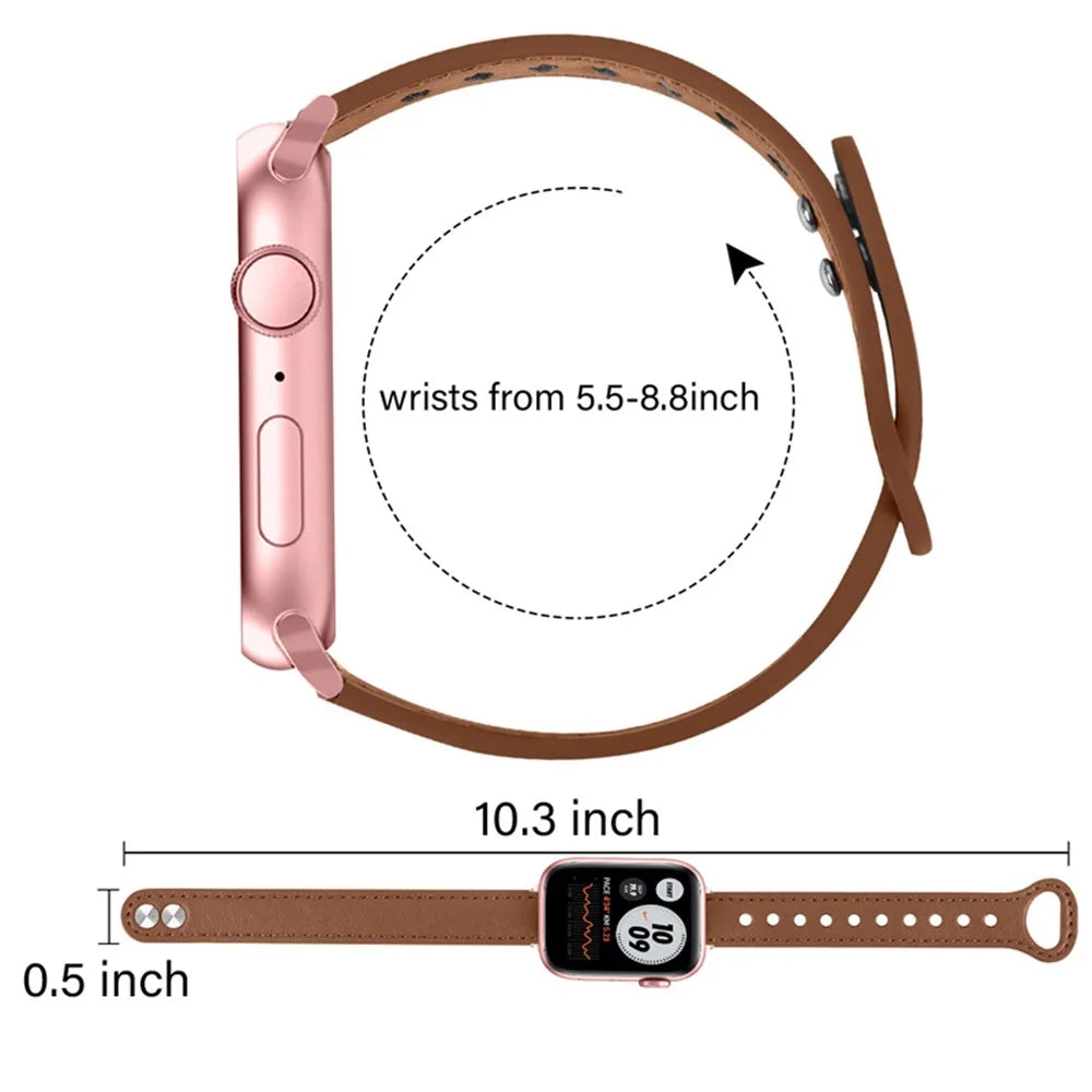 For Apple Watch Series 11 10 42mm / 9 8 7 41mm / SE3 SE2 SE 6 5 4 40mm / 3 2 1 38mm Genuine Leather Watch Strap Double Rivet Replacement Wrist Band, Rose Gold Connector - Brown - 5