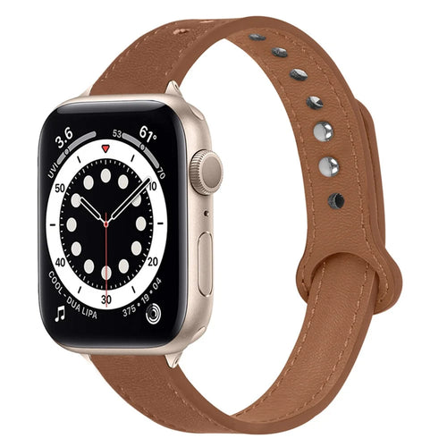 For Apple Watch Series 11 10 42mm / 9 8 7 41mm / SE3 SE2 SE 6 5 4 40mm / 3 2 1 38mm Genuine Cowhide Leather Watch Band Double Snap Button Watch Strap (Retro Gold Connector) - Brown - 1