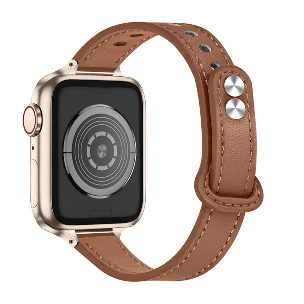 For Apple Watch Series 11 10 42mm / 9 8 7 41mm / SE3 SE2 SE 6 5 4 40mm / 3 2 1 38mm Genuine Cowhide Leather Watch Band Double Snap Button Watch Strap (Retro Gold Connector) - Brown - 2