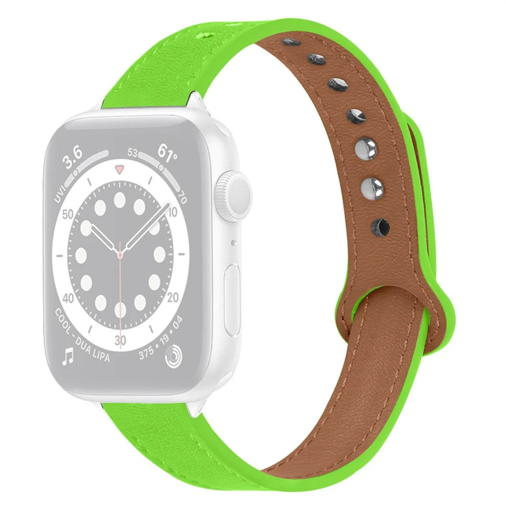 For Apple Watch Series 11 10 42mm / 9 8 7 41mm / SE3 SE2 SE 6 5 4 40mm / 3 2 1 38mm Genuine Cowhide Leather Watch Band Double Snap Button Replacement Strap (Black Connector) - Fluorescent Green - 1
