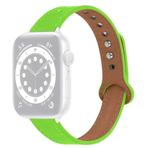 For Apple Watch Series 11 10 42mm / 9 8 7 41mm / SE3 SE2 SE 6 5 4 40mm / 3 2 1 38mm Genuine Cowhide Leather Watch Band Double Snap Button Replacement Strap (Black Connector) - Fluorescent Green - 1
