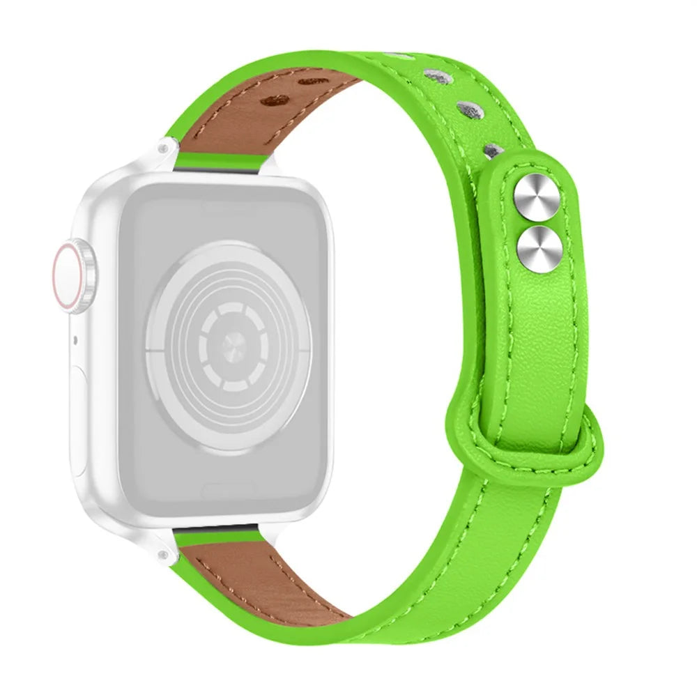 For Apple Watch Series 11 10 42mm / 9 8 7 41mm / SE3 SE2 SE 6 5 4 40mm / 3 2 1 38mm Genuine Cowhide Leather Watch Band Double Snap Button Replacement Strap (Black Connector) - Fluorescent Green - 2