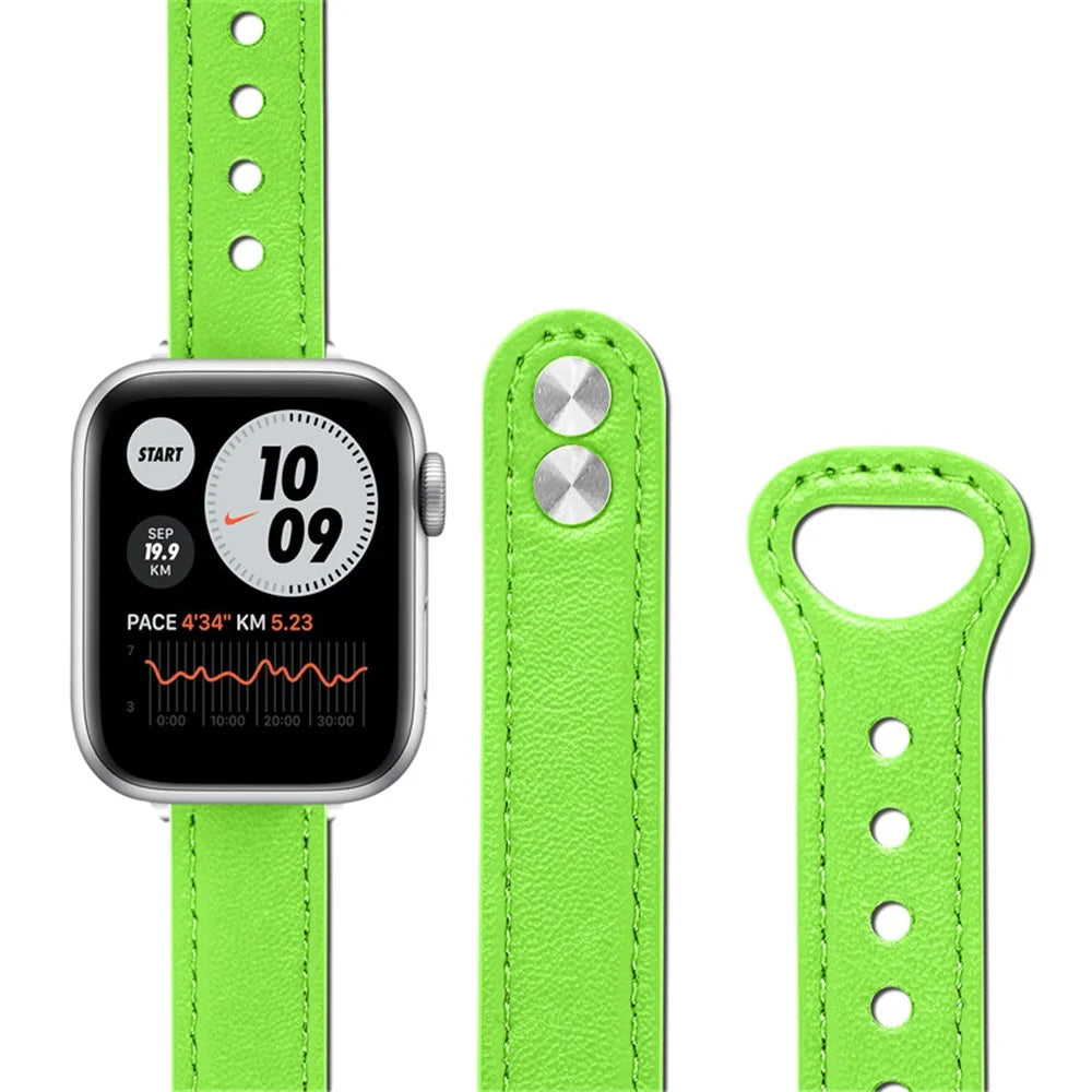For Apple Watch Series 11 10 42mm / 9 8 7 41mm / SE3 SE2 SE 6 5 4 40mm / 3 2 1 38mm Genuine Cowhide Leather Watch Band Double Snap Button Replacement Strap (Black Connector) - Fluorescent Green - 3