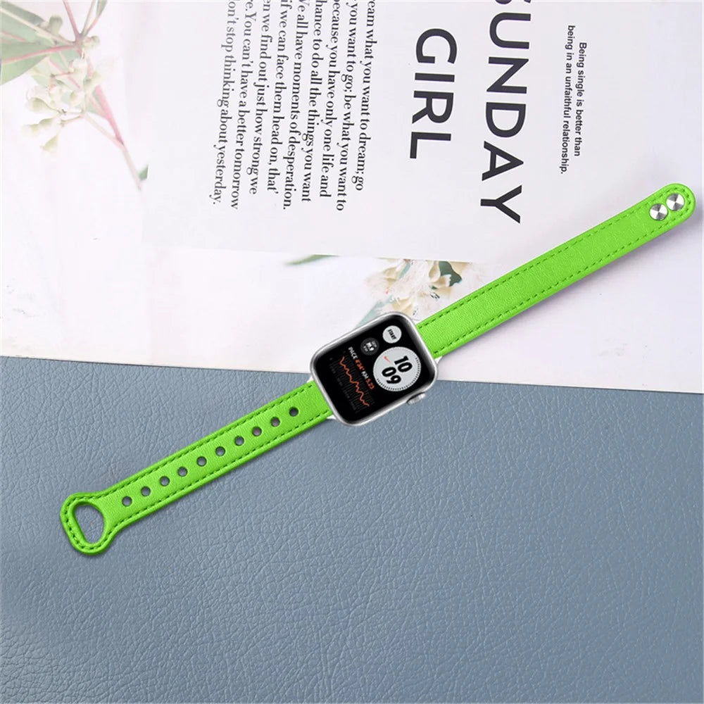 For Apple Watch Series 11 10 42mm / 9 8 7 41mm / SE3 SE2 SE 6 5 4 40mm / 3 2 1 38mm Genuine Cowhide Leather Watch Band Double Snap Button Replacement Strap (Black Connector) - Fluorescent Green - 4