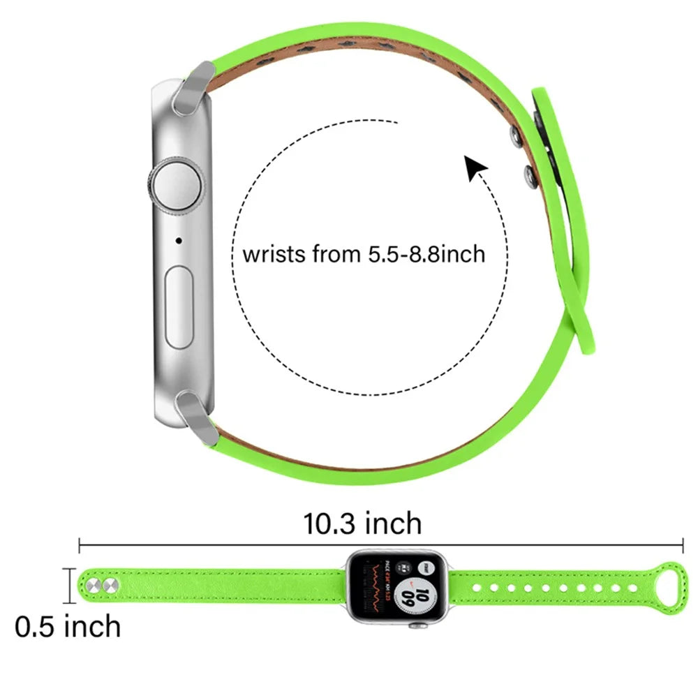 For Apple Watch Series 11 10 42mm / 9 8 7 41mm / SE3 SE2 SE 6 5 4 40mm / 3 2 1 38mm Genuine Cowhide Leather Watch Band Double Snap Button Replacement Strap (Black Connector) - Fluorescent Green - 5