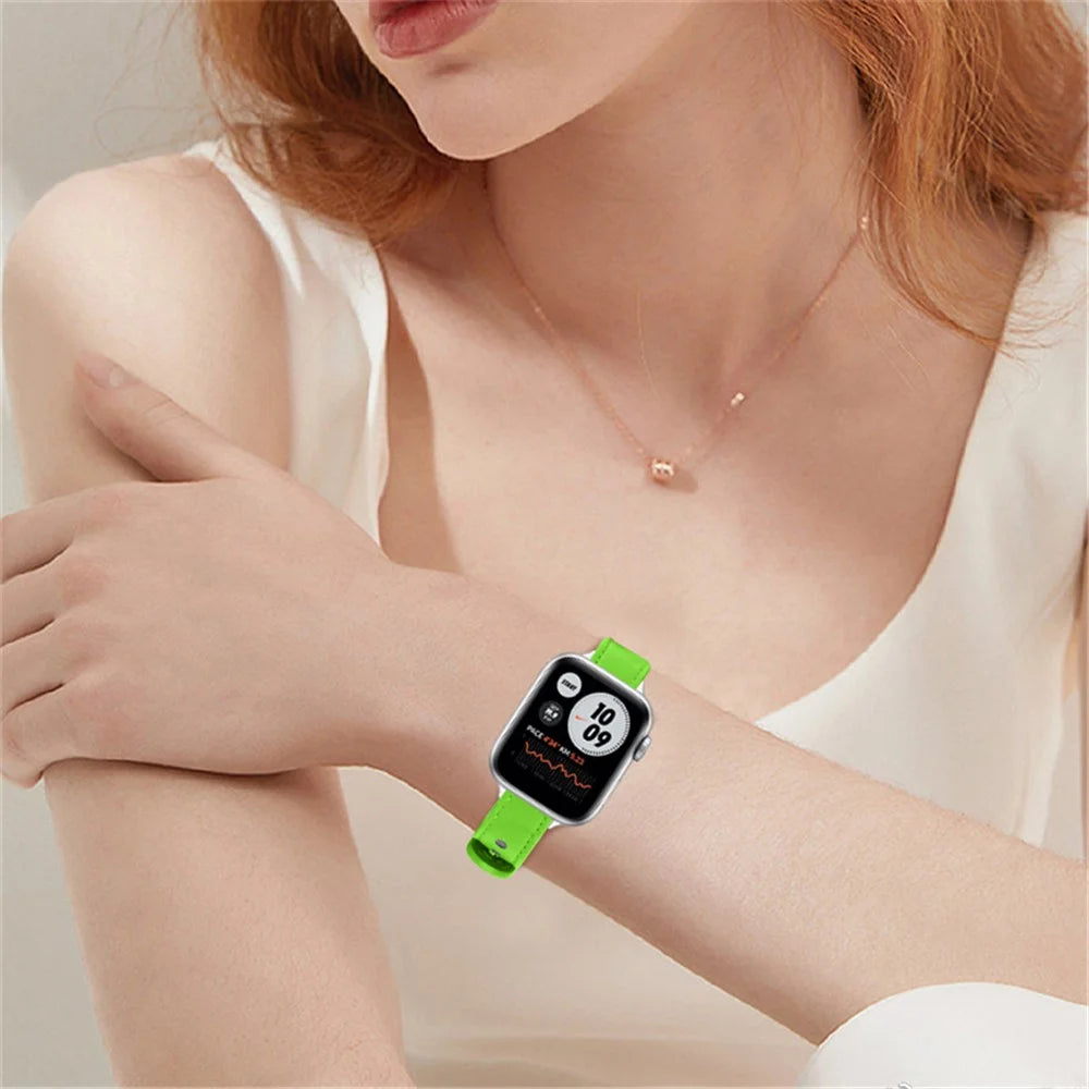 For Apple Watch Series 11 10 42mm / 9 8 7 41mm / SE3 SE2 SE 6 5 4 40mm / 3 2 1 38mm Genuine Cowhide Leather Watch Band Double Snap Button Replacement Strap (Black Connector) - Fluorescent Green - 7