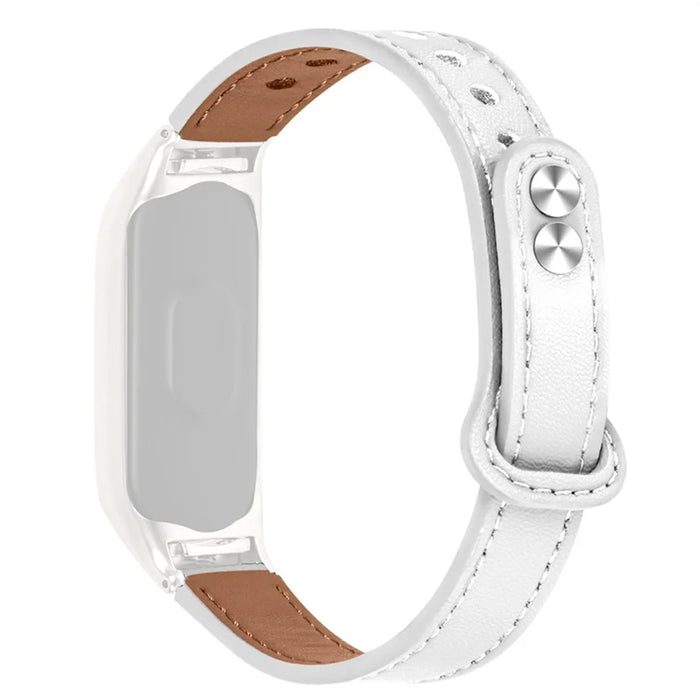 For Samsung Galaxy Fit-e SM-R375 Genuine Cowhide Leather Replacement Strap Double Snap Button Watchband with Silver Watch Case - White - 2