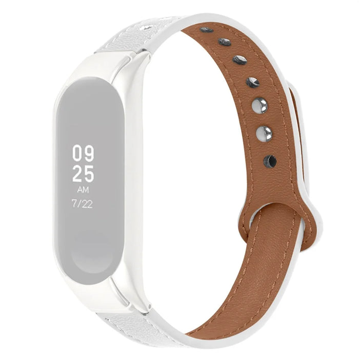 For Xiaomi Mi Band 5 / 6 Solid Color Top Layer Cowhide Wrist Strap Replacement Watchband with Double Rivet, Black Watch Case - White - 1