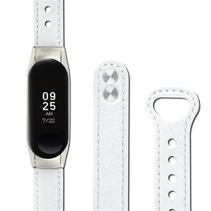For Xiaomi Mi Band 5 / 6 Solid Color Top Layer Cowhide Wrist Strap Replacement Watchband with Double Rivet, Black Watch Case - White - 3