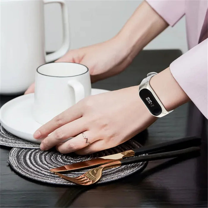 For Xiaomi Mi Band 5 / 6 Solid Color Top Layer Cowhide Wrist Strap Replacement Watchband with Double Rivet, Black Watch Case - White - 6
