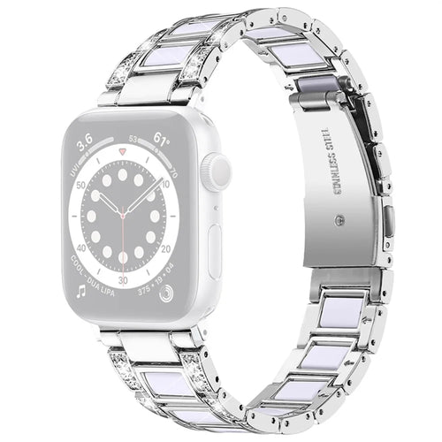 For Apple Watch Ultra 3 2 1 49mm / Series 11 10 46mm / 9 8 7 45mm / SE3 SE2 SE 6 5 4 44mm / 3 2 1 42mm Stainless Steel Resin Watch Band Rhinestone Decor Wristband - Silver / White - 1