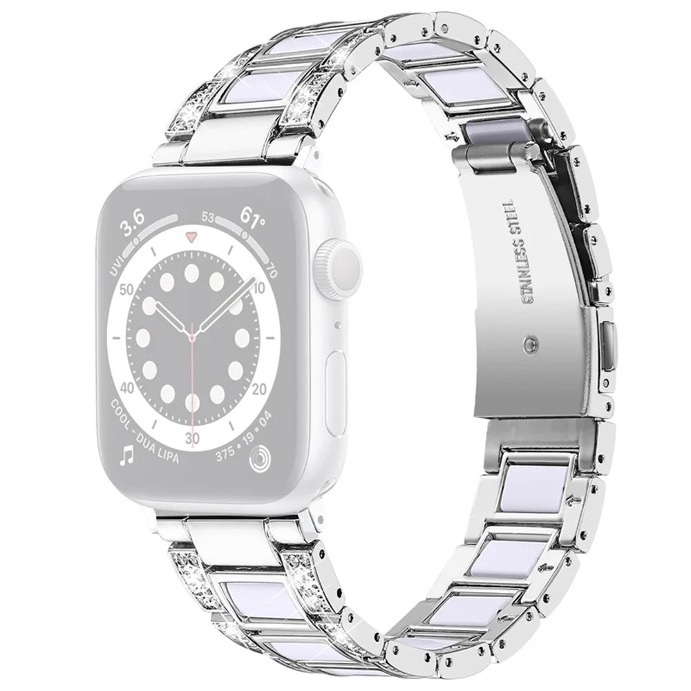 For Apple Watch Series 11 10 42mm / 9 8 7 41mm / SE3 SE2 SE 6 5 4 40mm / 3 2 1 38mm Rhinestones Resin Wristband Stainless Steel Bracelet Replacement - Silver / White - 1