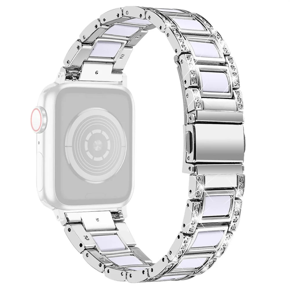 For Apple Watch Series 11 10 42mm / 9 8 7 41mm / SE3 SE2 SE 6 5 4 40mm / 3 2 1 38mm Rhinestones Resin Wristband Stainless Steel Bracelet Replacement - Silver / White - 2