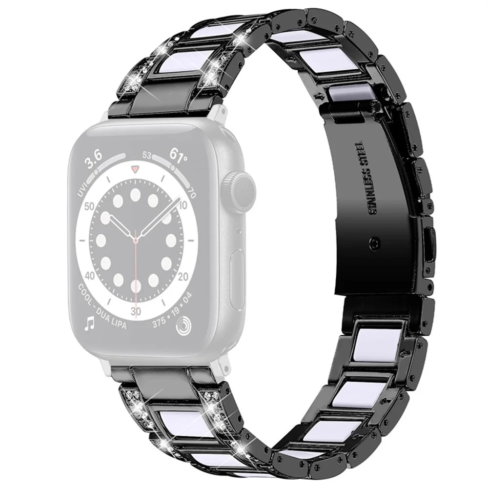 For Apple Watch Series 11 10 42mm / 9 8 7 41mm / SE3 SE2 SE 6 5 4 40mm / 3 2 1 38mm Stainless Steel Watch Band Bling Rhinestone Resin Bracelet Strap Replacement - Black / White - 1